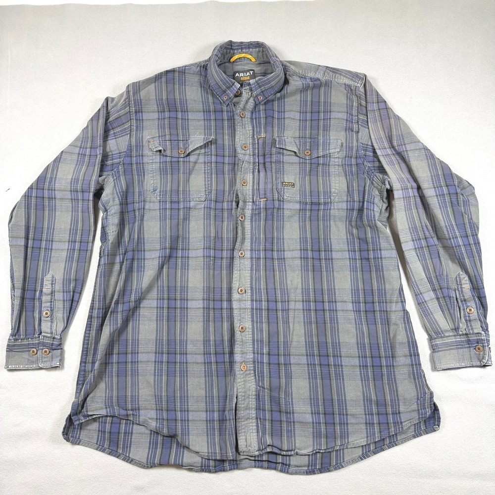 Ariat Rebar Workman Plaid Shirt Mens XXL Tall Blue Grey Long Sleeve Button Down